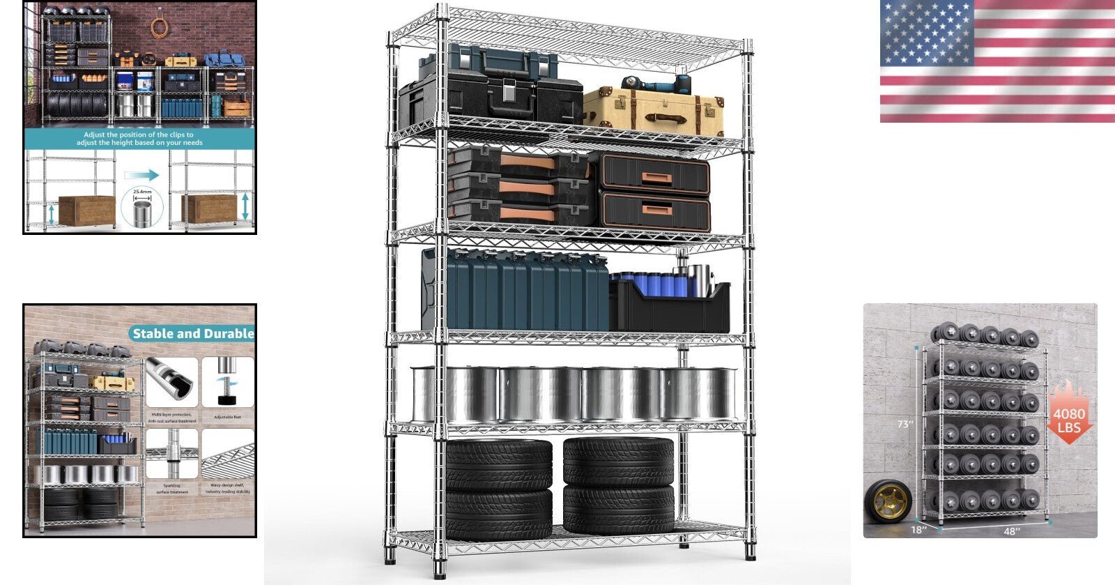 Durable 4080 lbs Wire Shelves - 6-Tier Organizer for Kitchen, Garage & Office