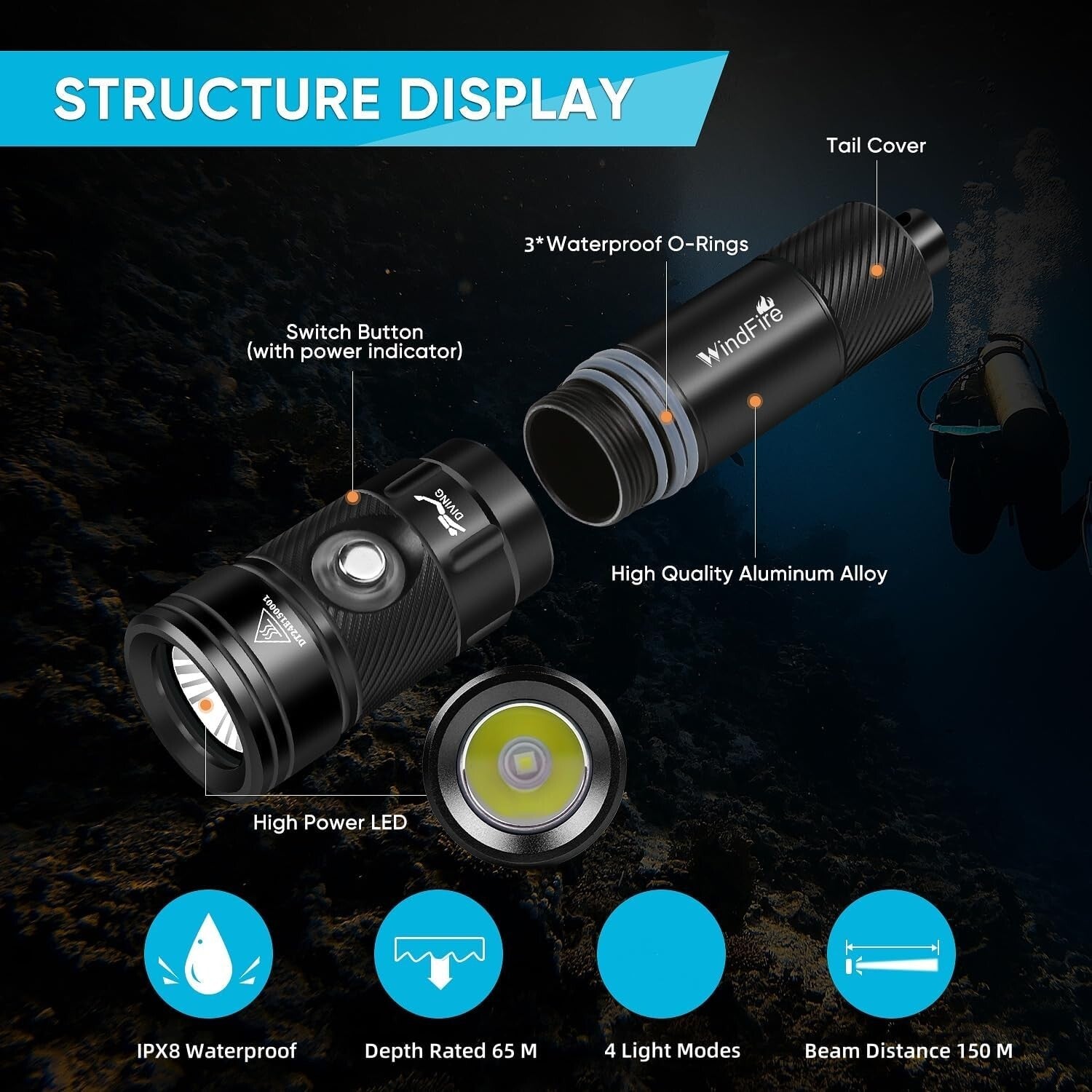 High-Power 4-Mode Waterproof Scuba Flashlight with Power Indicator for Divers