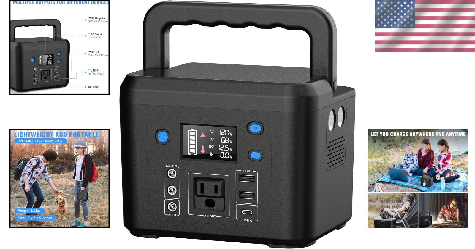 200W Portable Power Station - 33,000mAh Power Bank with LED Light for Camping