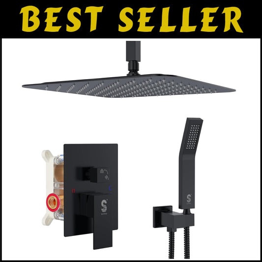 Matte Black Luxury Shower Faucet Set - 12 Inch Rain Shower Head with Trim Kit