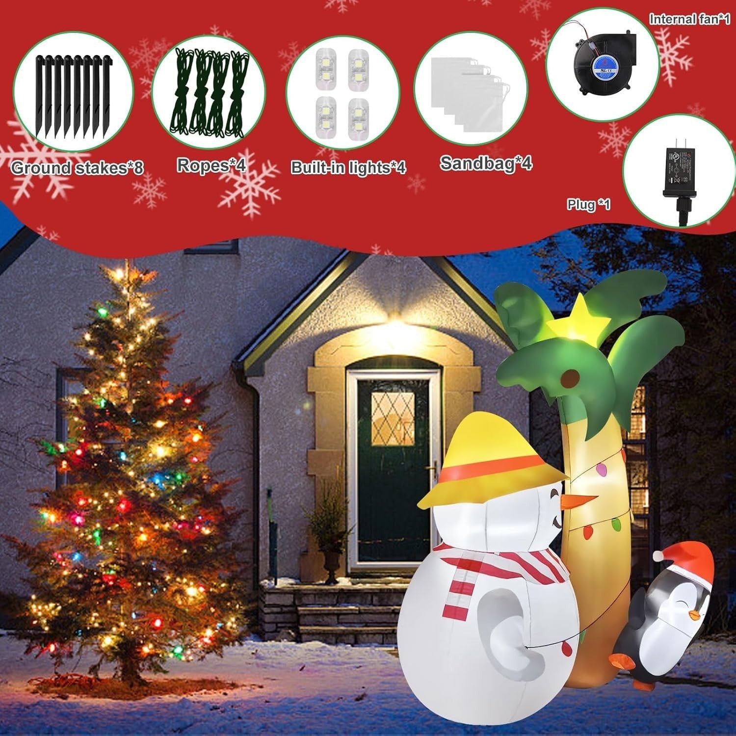 7FT Inflatable Hawaiian Palm Tree with Snowman & Penguin - Christmas Décor