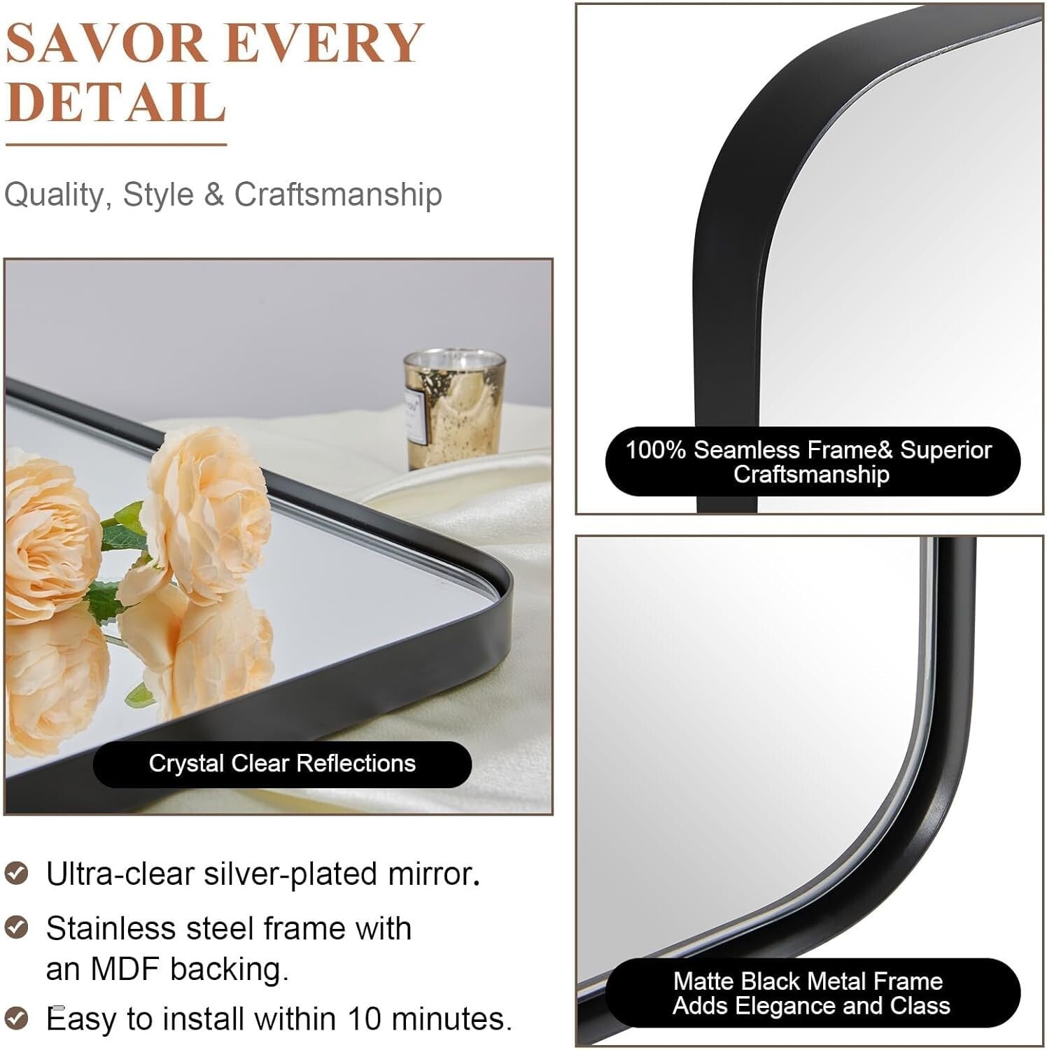 Elegant Matte Black 30x36 Mirror - Stainless Steel Frame for Modern Bathrooms