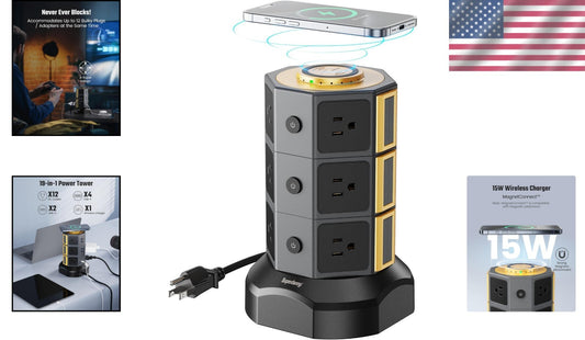 Elegant Surge Protector Tower with 15W Wireless Charger & 12 AC Outlets in Gold