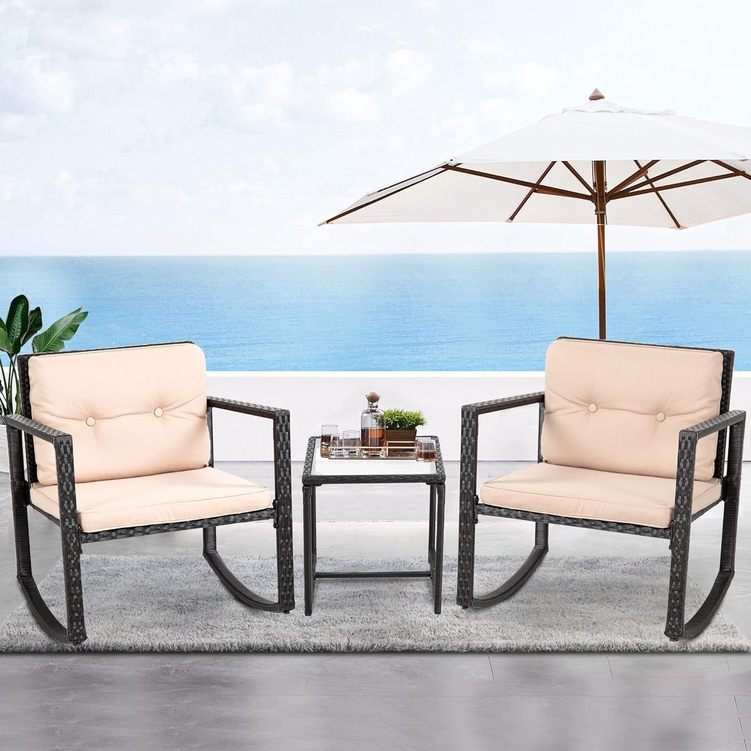 All-Weather 3 Piece Rattan Conversation Set - Black Bistro Chairs & Table