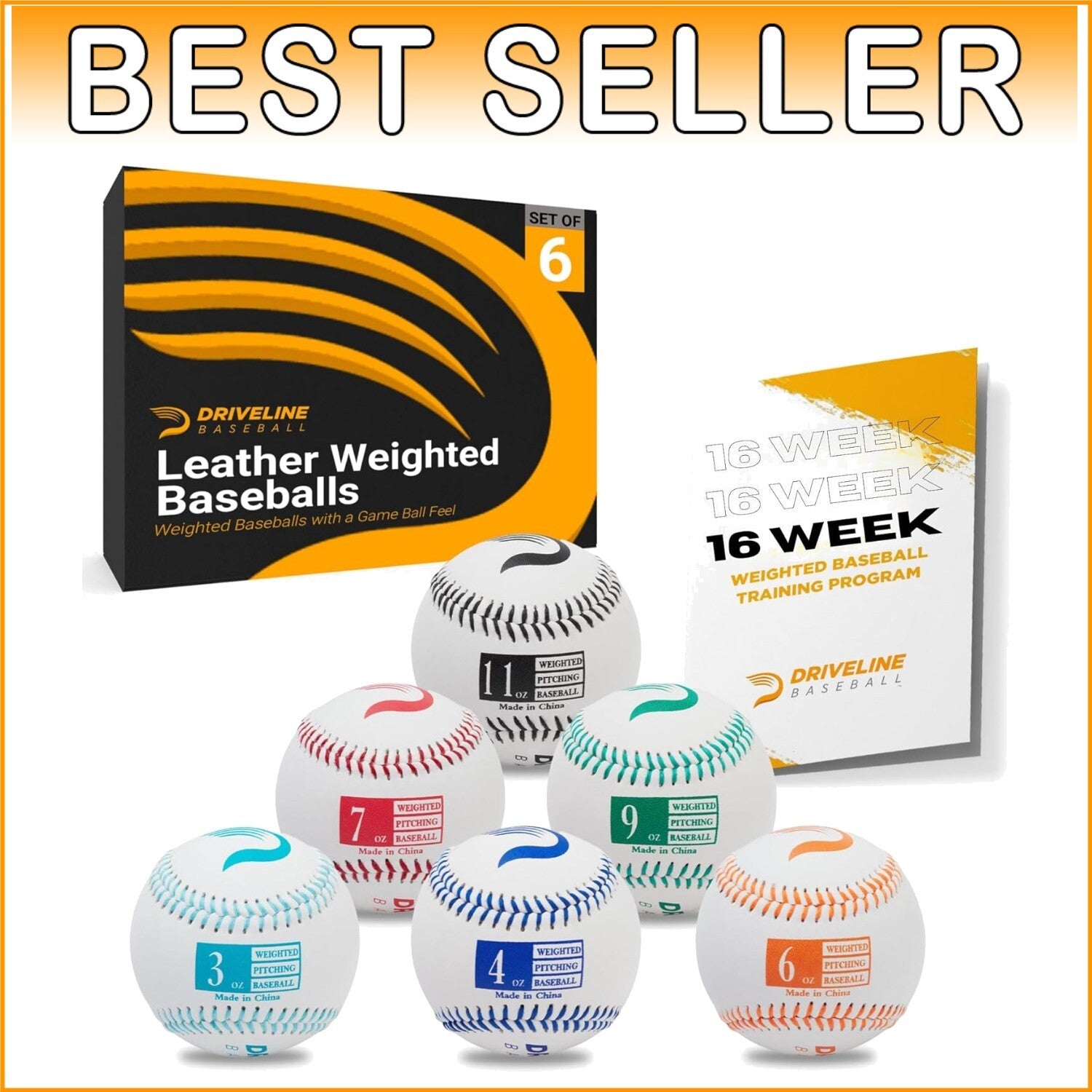 6-Piece Real Leather Weighted Pitching Balls Set with 16-Week Training Program