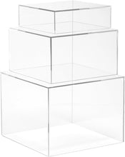 Load image into Gallery viewer, Set of 3 Crystal Clear Acrylic Cube Display Risers – Elegant Storage Solution