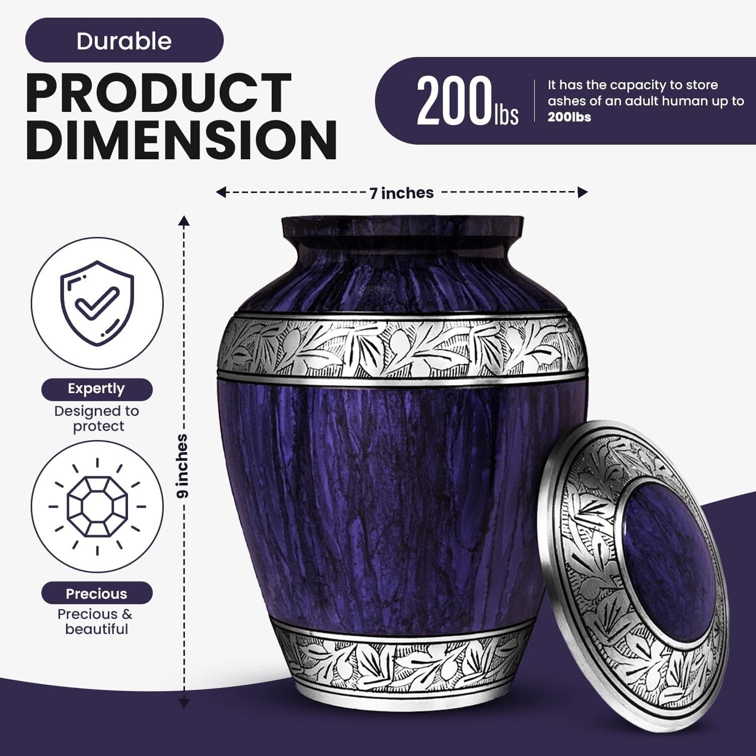 Durable 210 Cubic Inch Purple Urn for Human Ashes - Adult Memorial Container