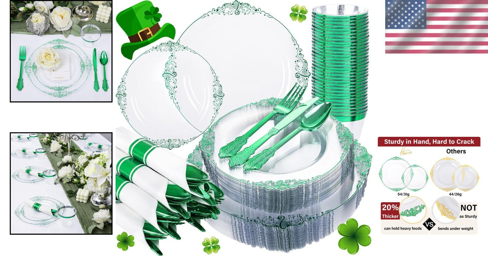 Elegant 175PCS Clear Plate Set with Green Rim - Perfect for St. Patrick's Day