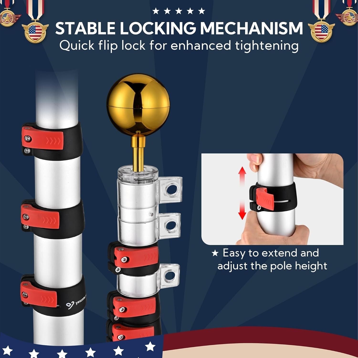 Aluminum 25ft Telescoping Flag Pole with 2 Flag Capacity & Golden Top Finial