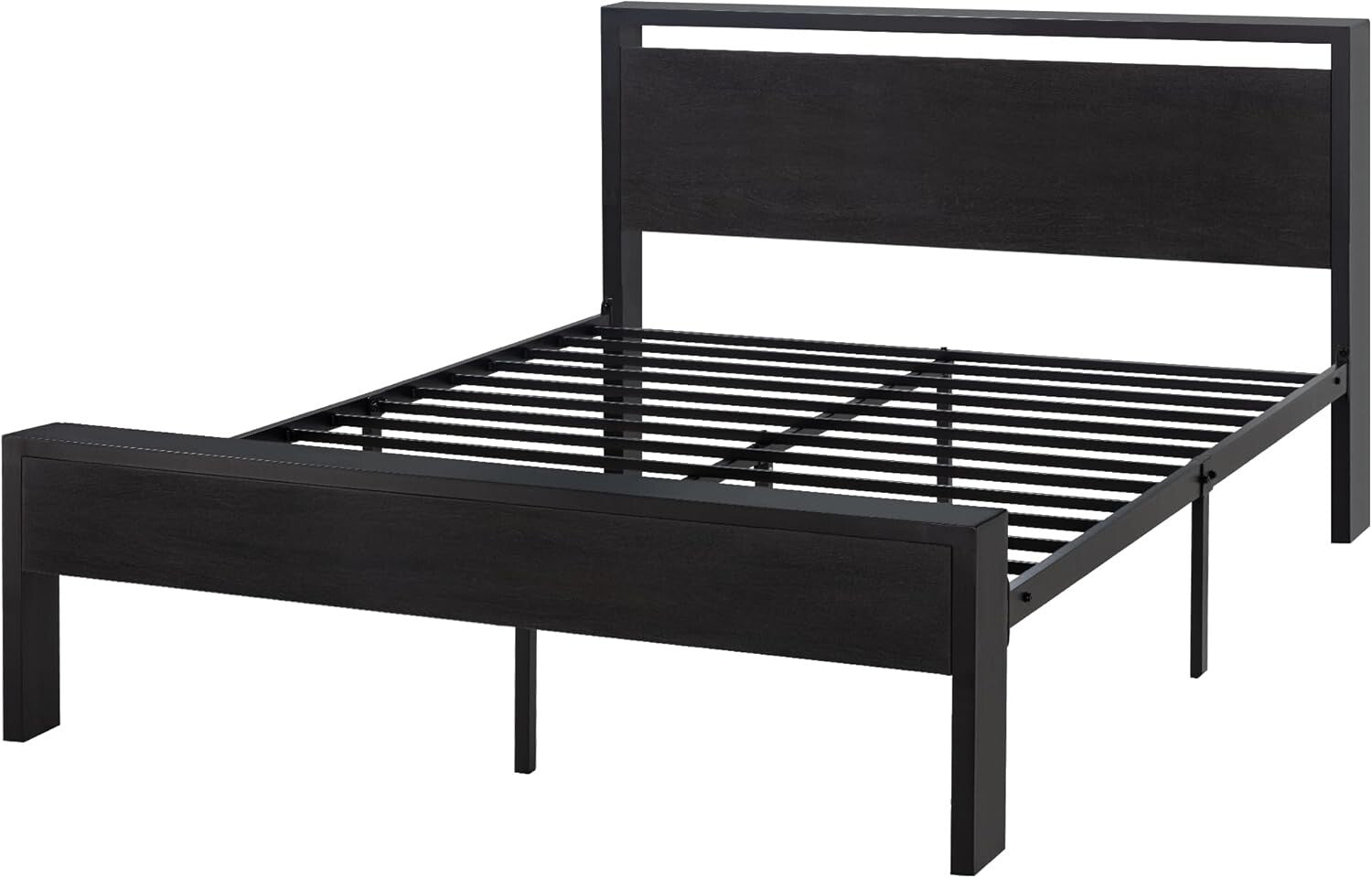 Sturdy 14-Inch Full Metal Platform Bed Frame with Rustic Black Oak Headboard