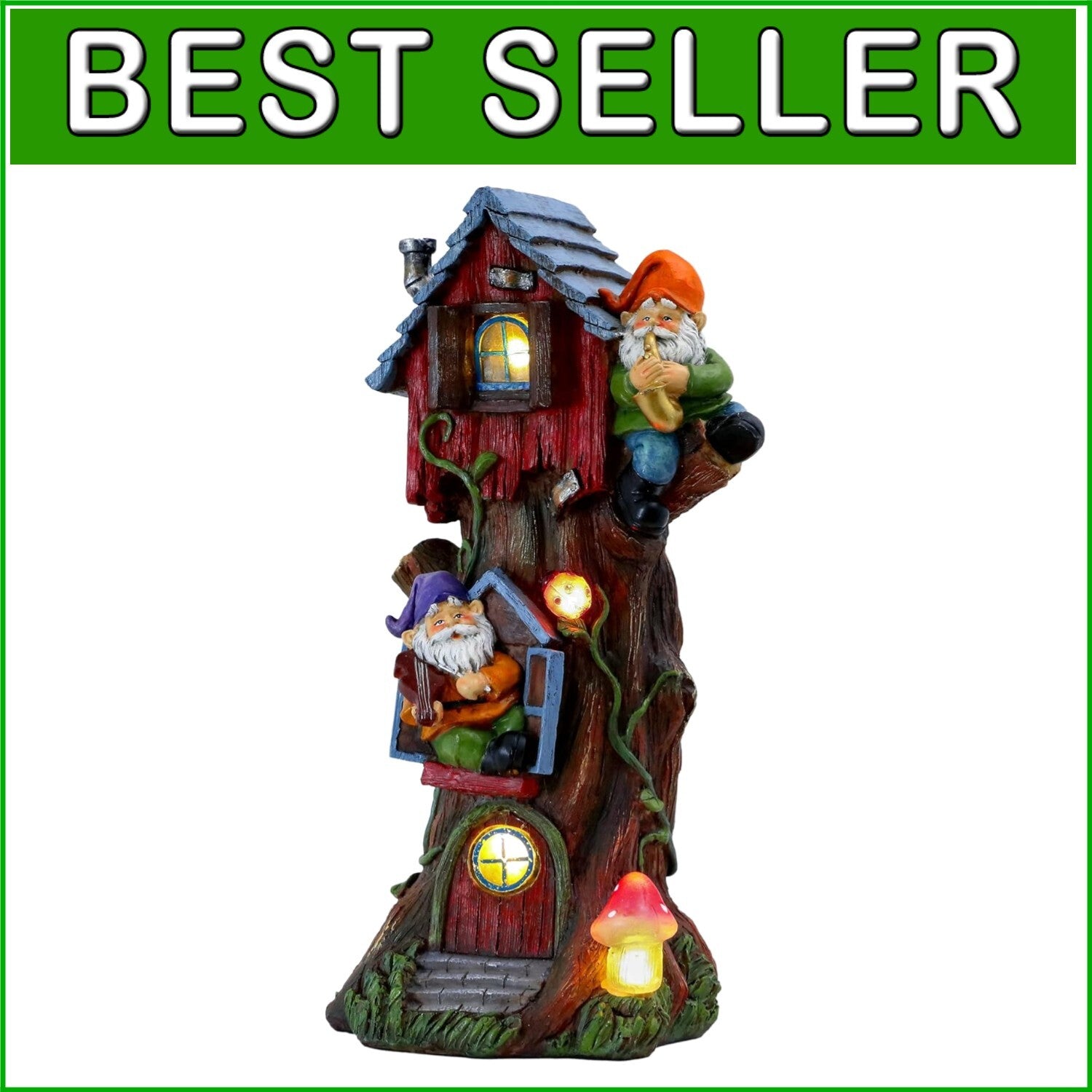 Charming 11" Gnome Treehouse with Solar Light - Perfect Garden Figurine Ornament