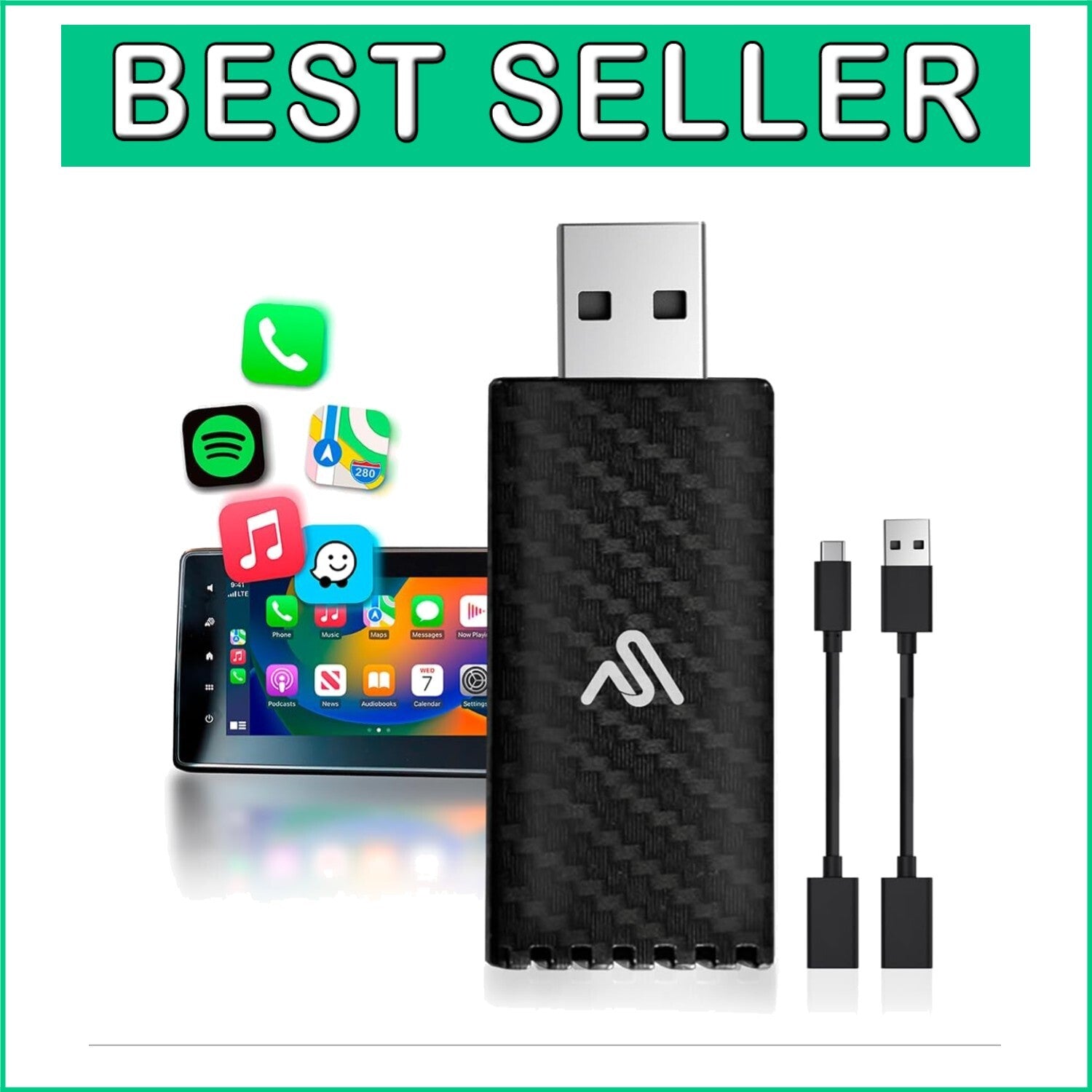 Fast Wireless CarPlay Dongle – Easy Bluetooth Setup with USB-A and USB-C Cables