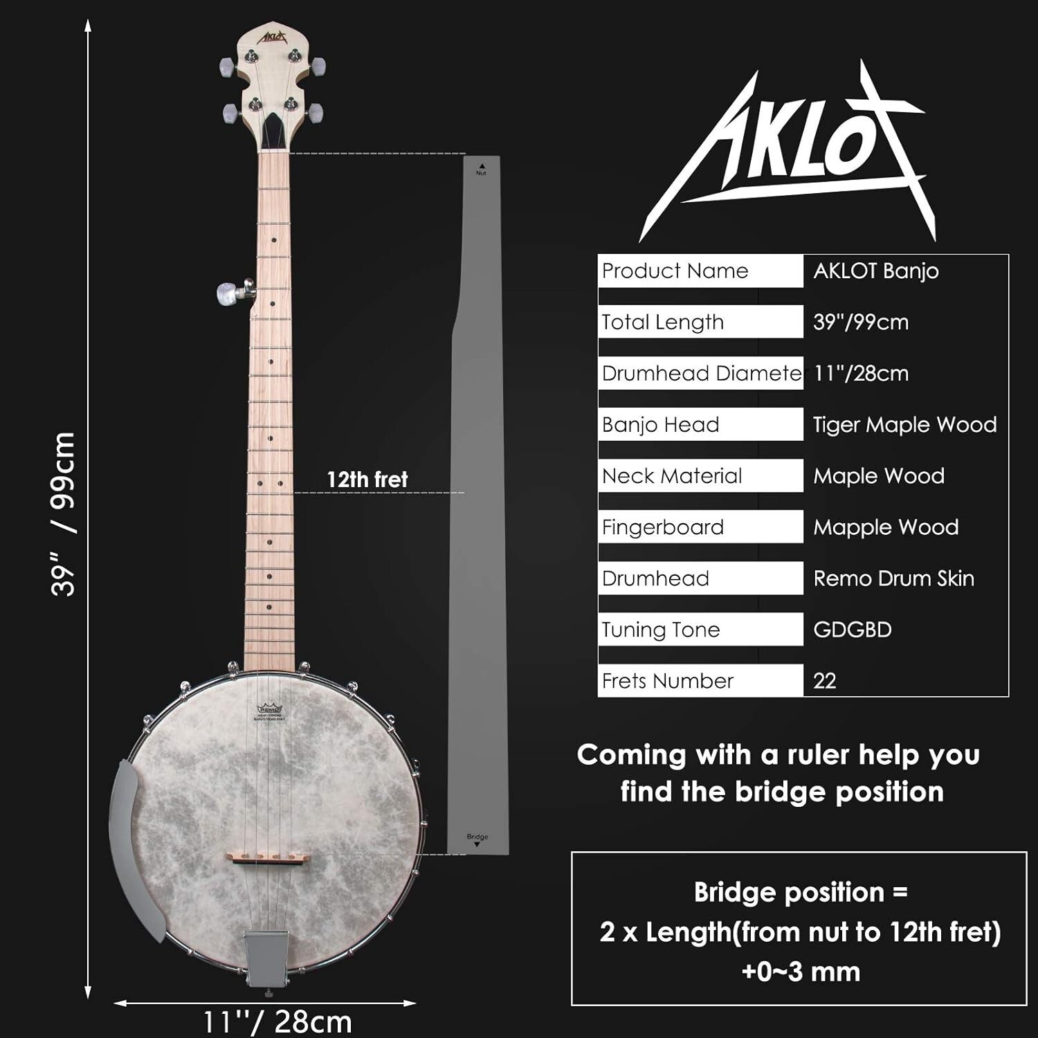Full-Size 5-String Maple Banjo Kit with Remo Head & Accessories for All Levels