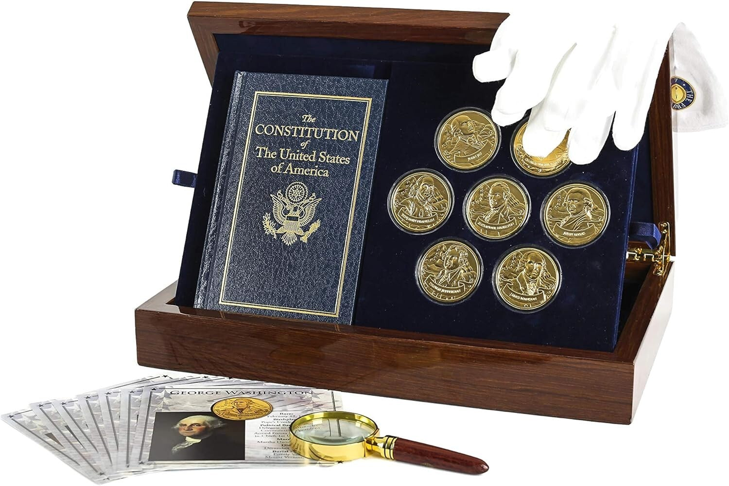 Gold-Plated 7-Piece Founding Fathers Coin Collection with Detailed Fact Cards