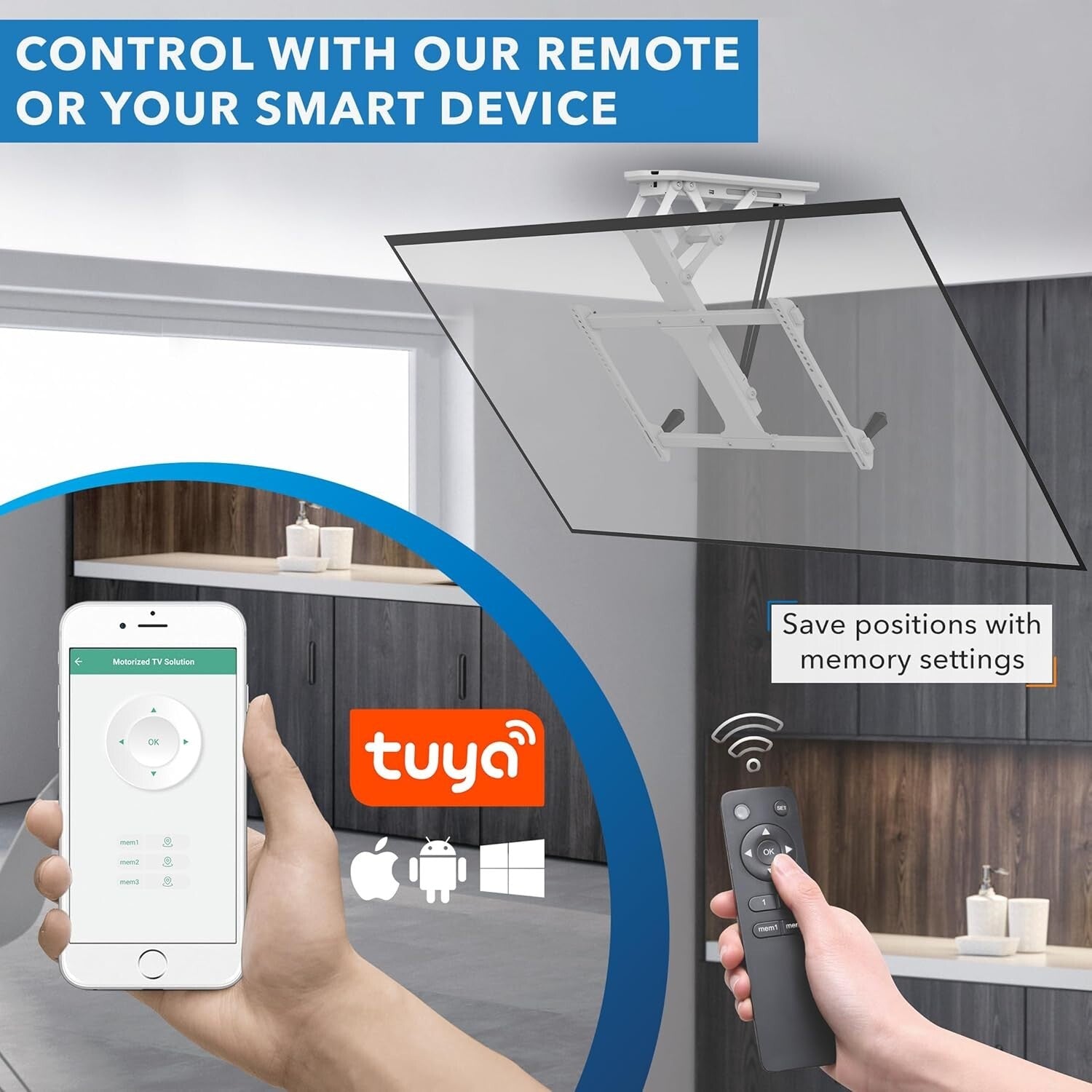 Premium White Electric Ceiling TV Mount - 75 Degree Tilt for 32-70 Inch TVs