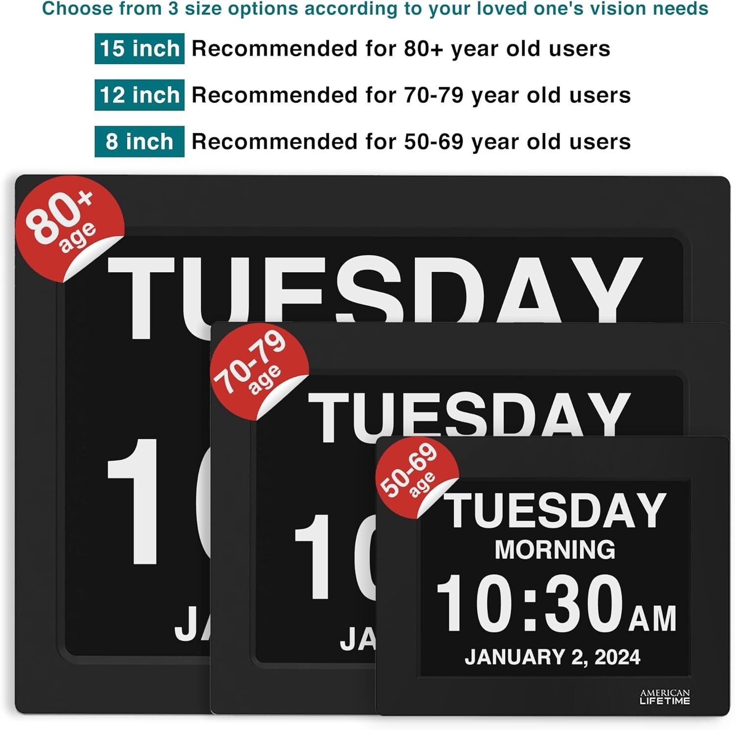 Dementia Clock 2025: 12-Inch Large Digital Display with Custom Alarms in Black