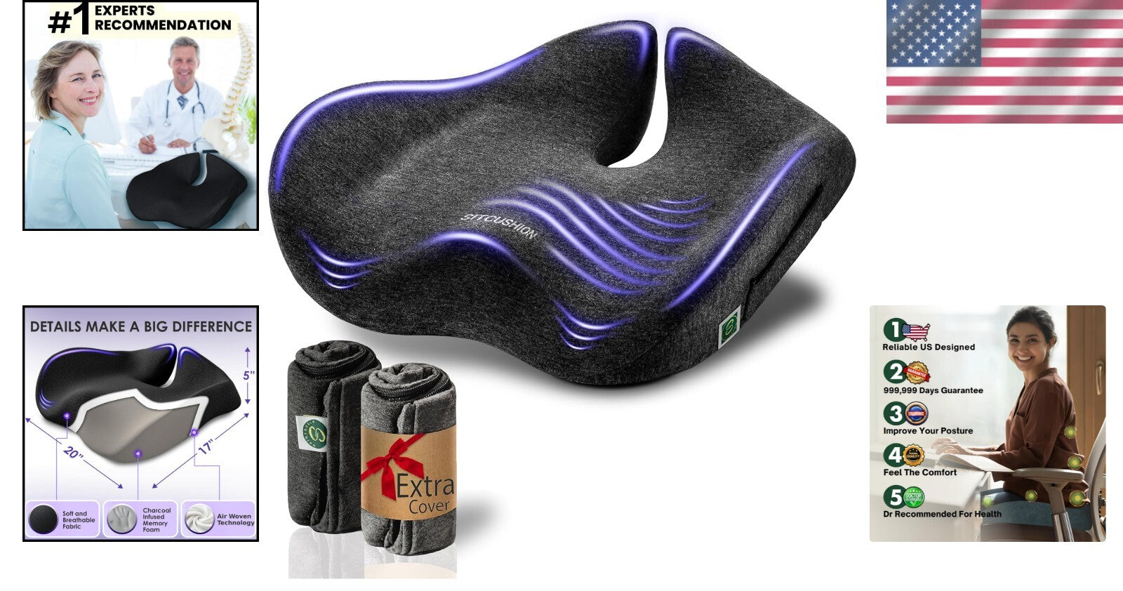 Ergonomic X-Large Chair Cushion with Extra Cover - Sciatica & Back Pain Relief