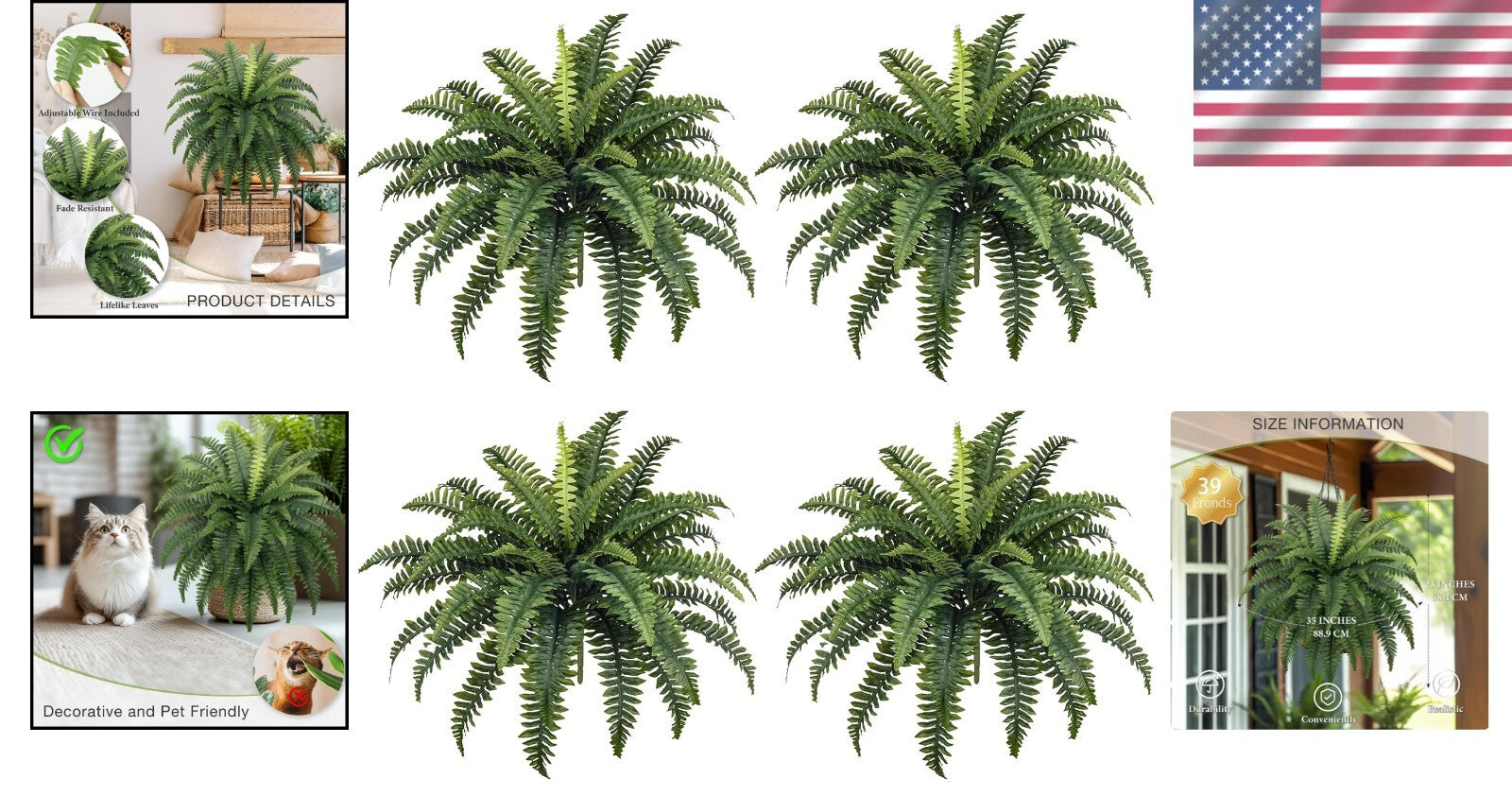 Realistic 35" Fake Boston Ferns - 4 Bespoke Bundles for Low Maintenance Elegance