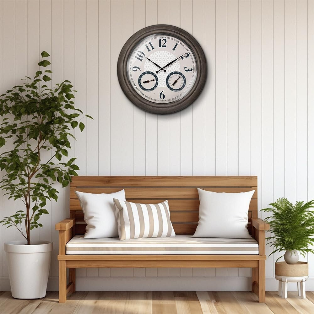 Elegant 18 Inch Illuminated Outdoor Clock with Thermometer - Grey Oak Finish