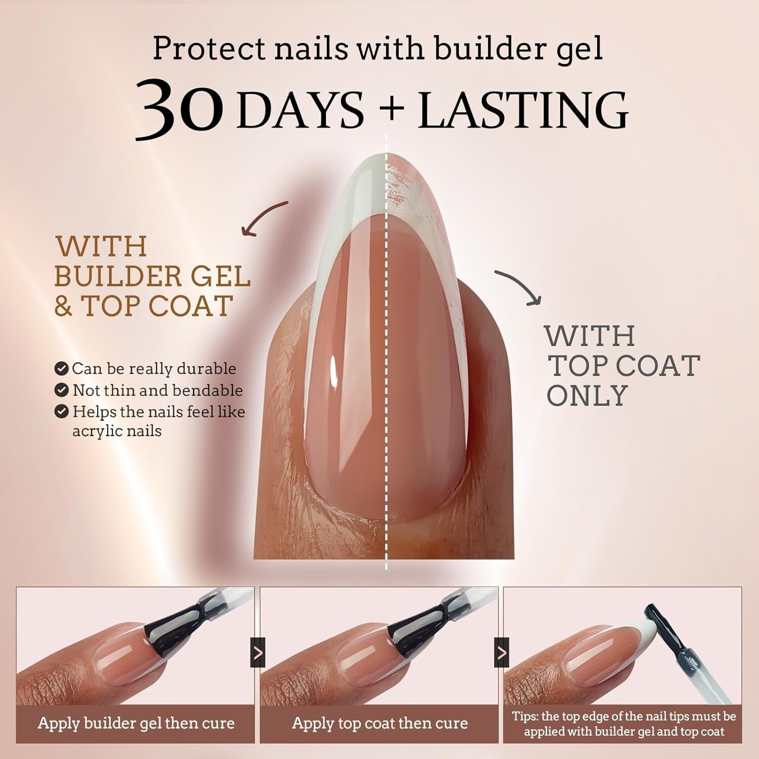 Easy Application French Gel Nail Kit - Brown Medium Coffin with 30-Day Longevity
