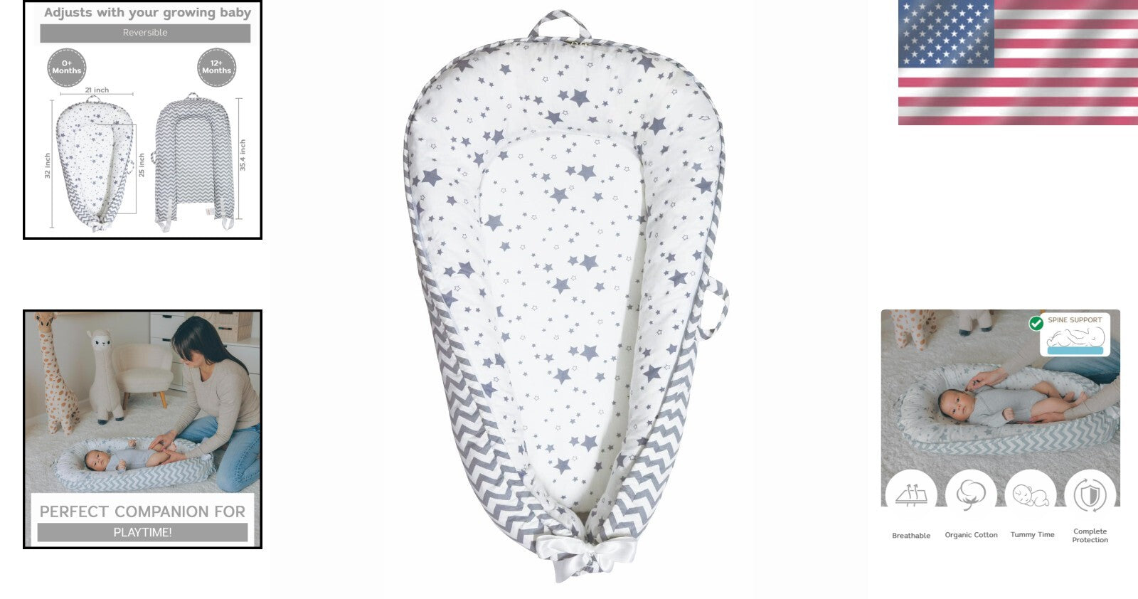 Adjustable Ergonomic Baby Lounger - Organic Cotton Nest for Secure Baby Support