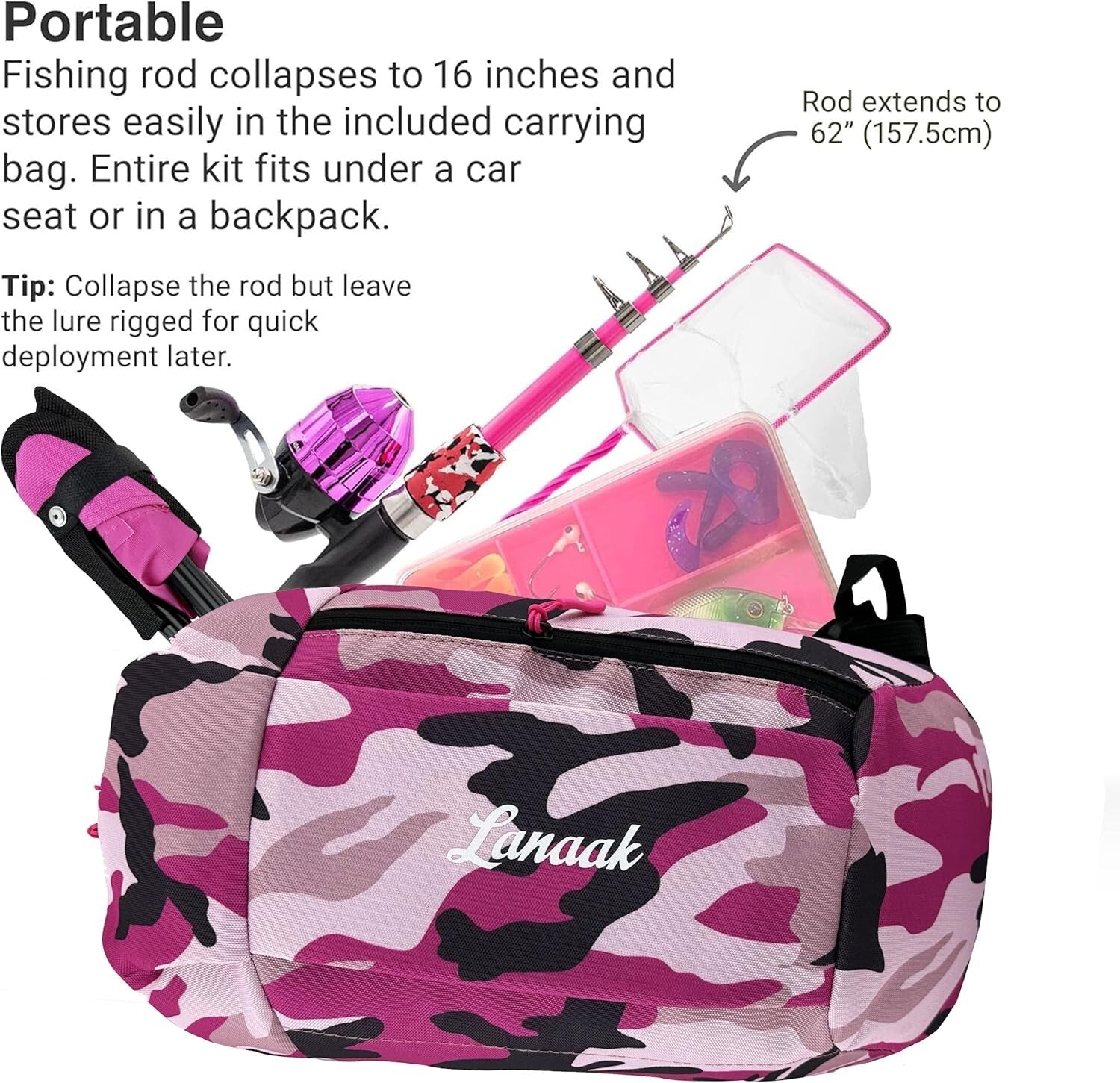 Beginner's Camo Pink Fishing Rod Kit - 65 Inch Telescopic Gear for Kids