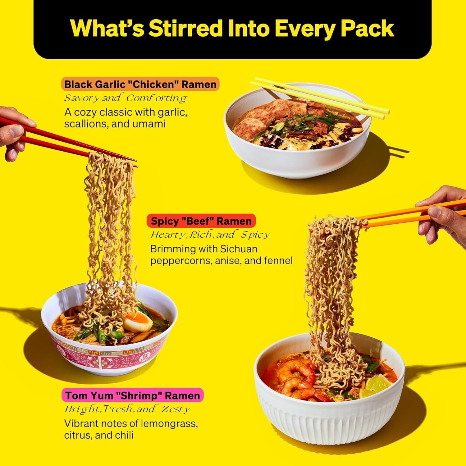 Bold Flavors Ramen Pack: Spicy Beef, Black Garlic Chicken & Tom Yum Shrimp