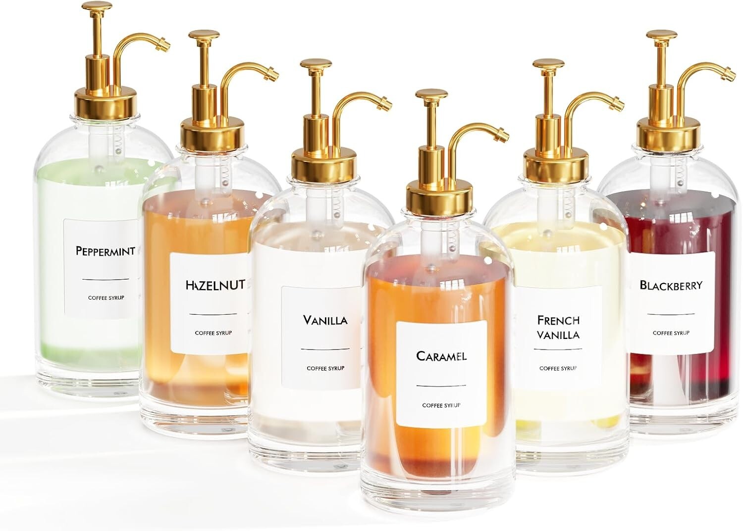 Elegant 6-Piece Glass Coffee Syrup Dispenser Set with Gold Pumps & Labels