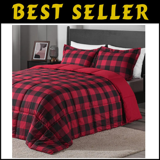 Durable and Soft King Size Comforter Set - Red/Black Plaid Pattern - 3 Pieces