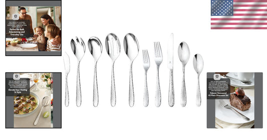 Luxury 18/10 Stainless Steel Dining Set - Fidenza Hammered 45-Piece Collection