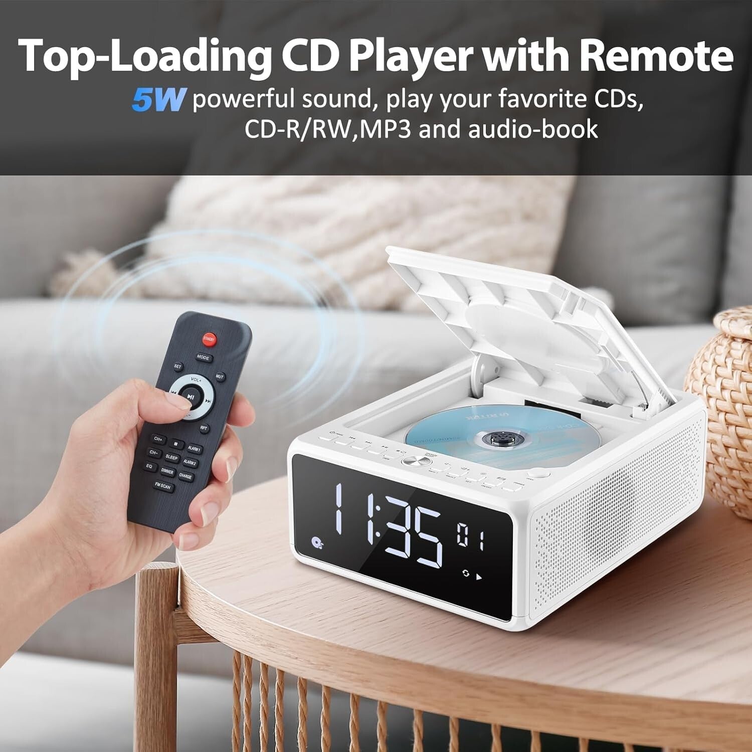 Dual Alarm CD Player Clock with FM Radio & 10W Fast Wireless Charging