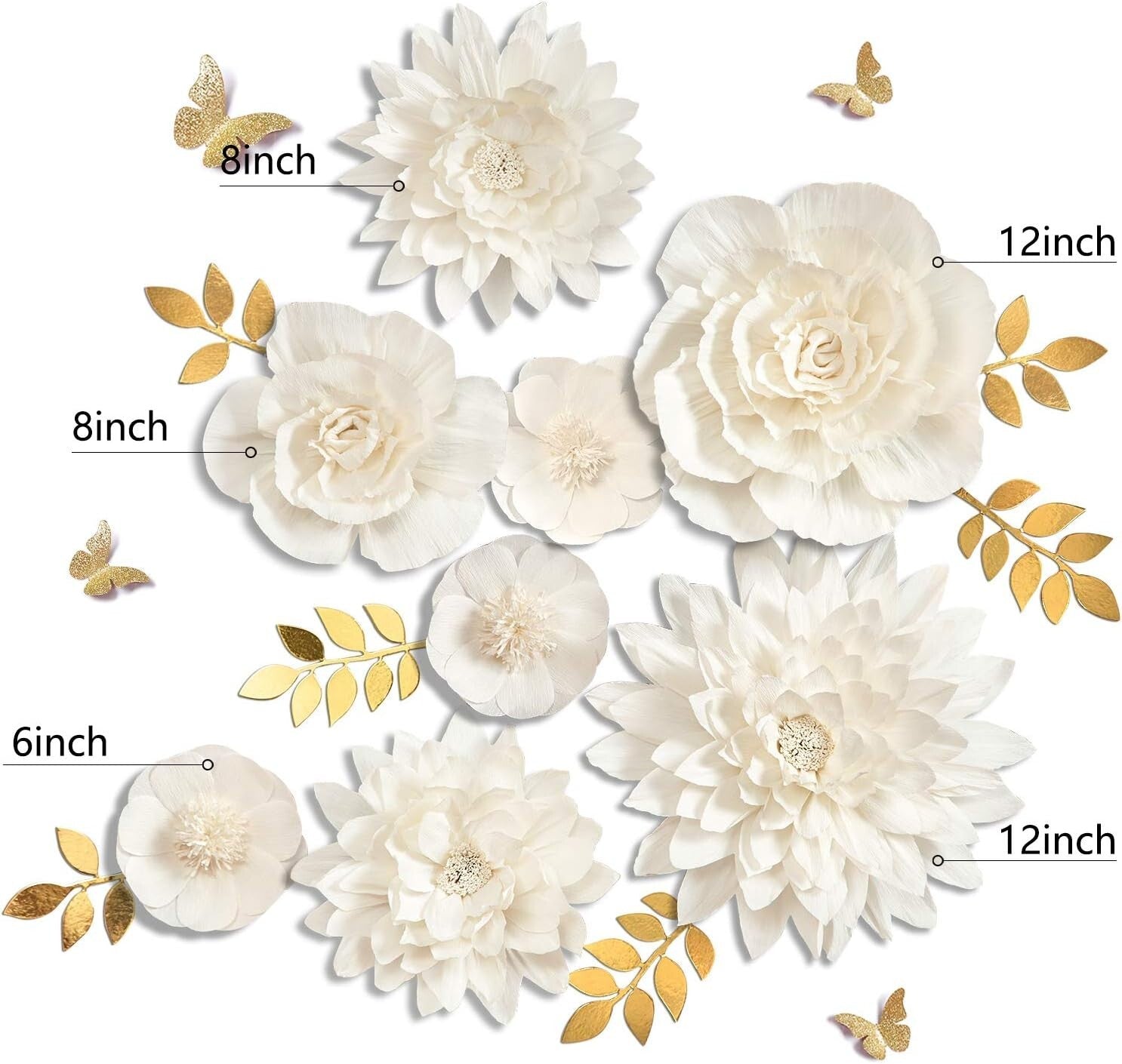 8PC White Paper Flowers with Gold Leaves & Butterflies - Perfect for Weddings