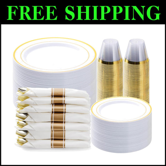 Complete Gold Plastic Dinnerware Set - 350PCS for Effortless Entertaining of 50
