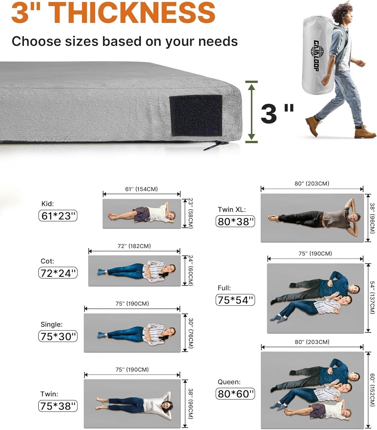 3-Inch Thick Memory Foam Sleeping Pad for Camping & Guest Sleepovers - Twin Size