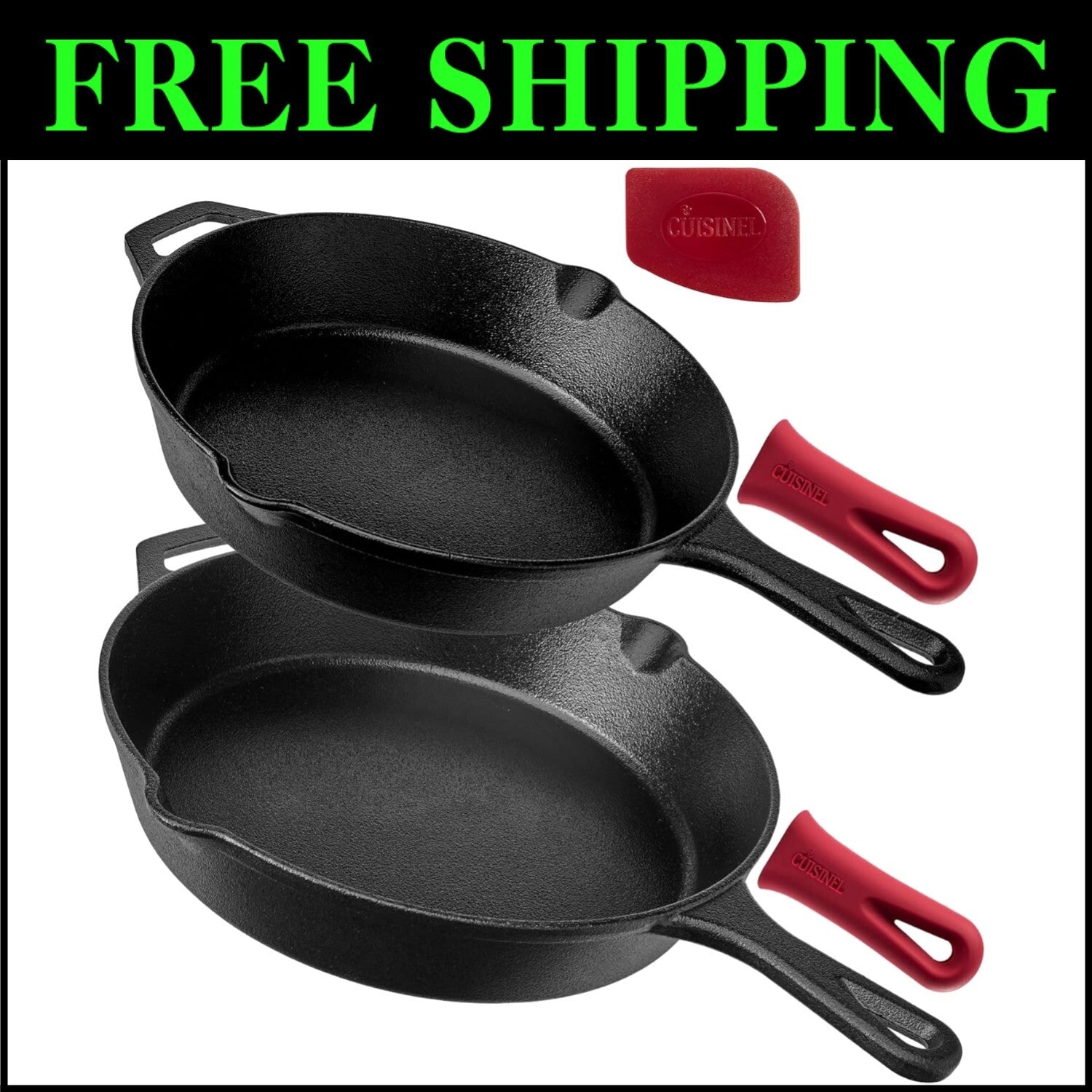 10" and 12" Cast Iron Frying Pans - Pre-Seasoned Cookware with Silicone Grips