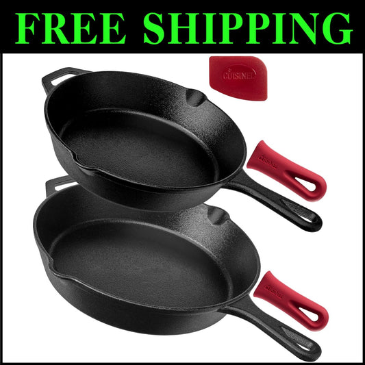 10" and 12" Cast Iron Frying Pans - Pre-Seasoned Cookware with Silicone Grips