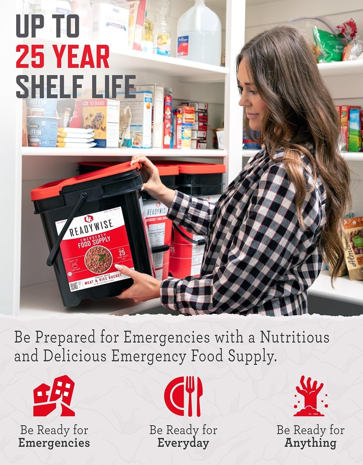 Emergency Food Bucket: 88 Servings of Freeze-Dried Chicken, Beef, Pork & Rice