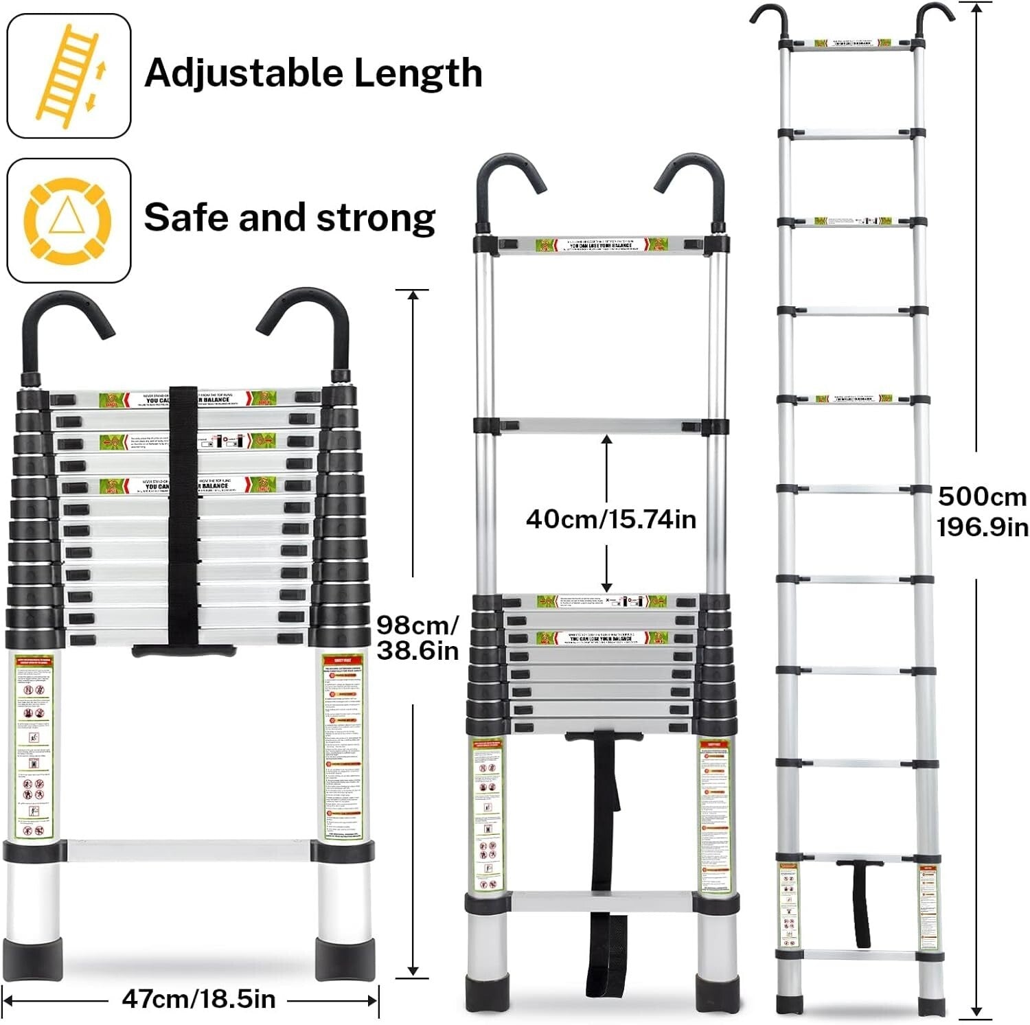 16.5FT Telescopic Aluminum Ladder with Double Hooks & Non-Slip Feet, 330lb Cap