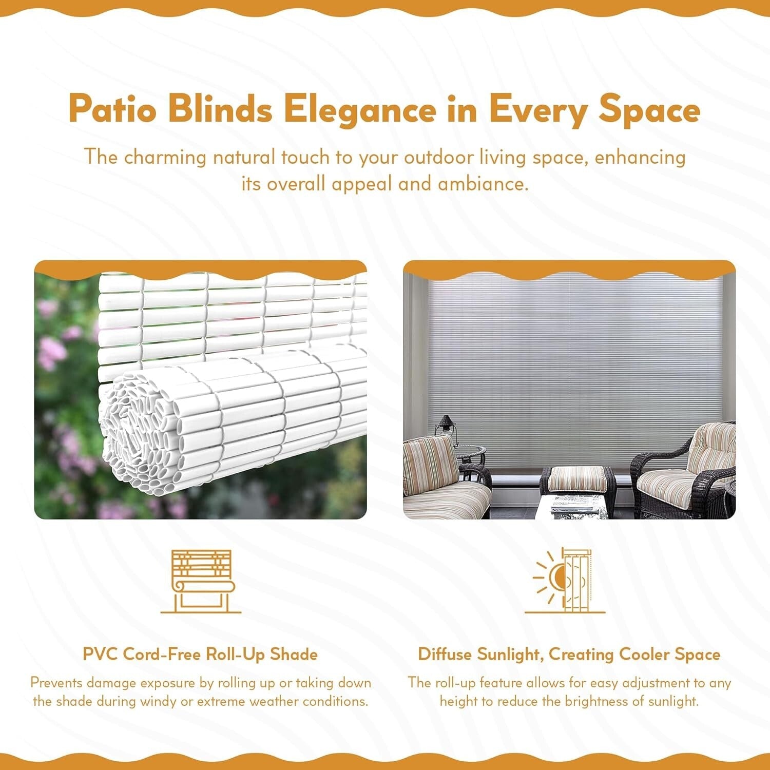 Elegant Waterproof Outdoor Shades - 72" W x 72" L Light Diffusing PVC Blinds