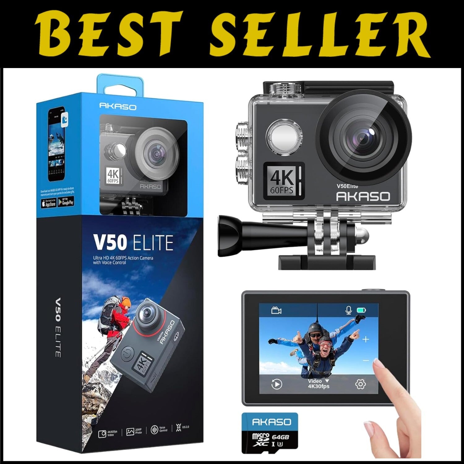 V50 Elite 4K/60fps Action Camera - Waterproof, Voice Control & 64GB Card
