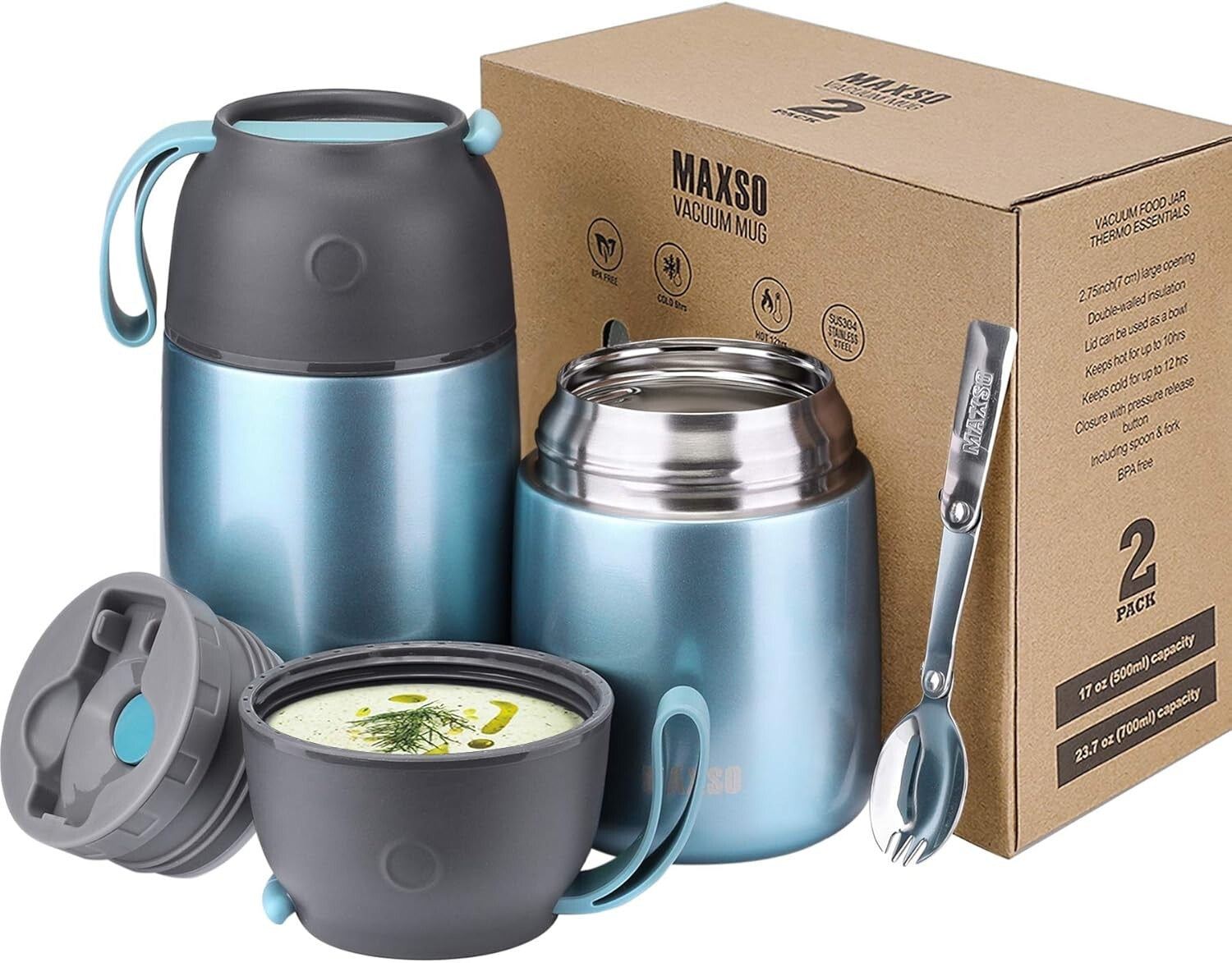 2-Pack Vacuum Insulated Soup Jars - Leak-Proof Food Thermos for On-the-Go Dining