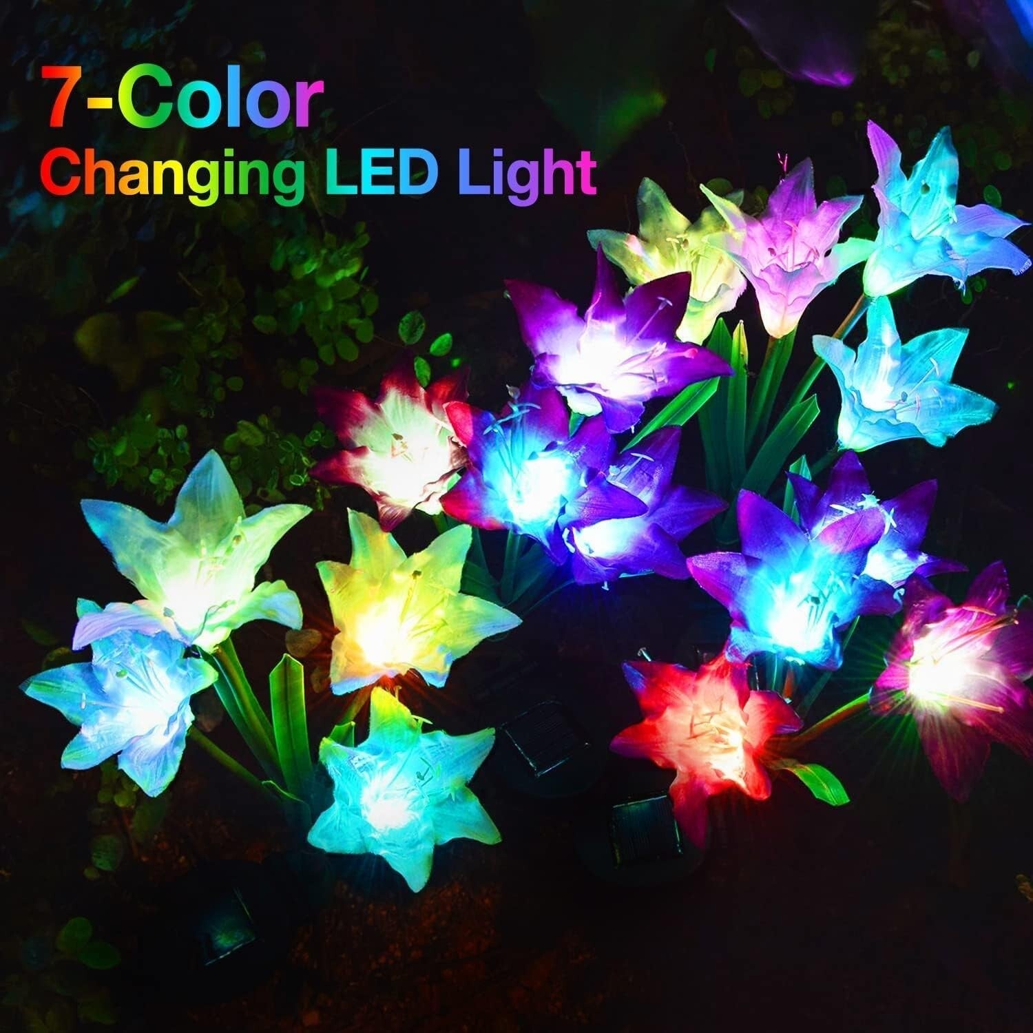 Solar Garden Lights Set with 8 Larger Lily Flowers - Waterproof & Color Changing