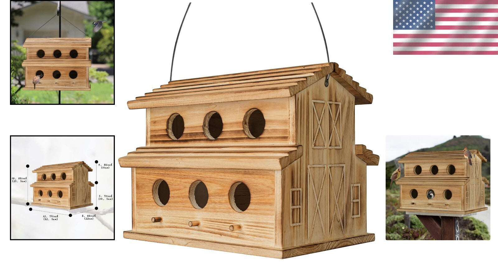 Traditional Wooden Bird House for 6 Families - Perfect for Bluebirds & Finches