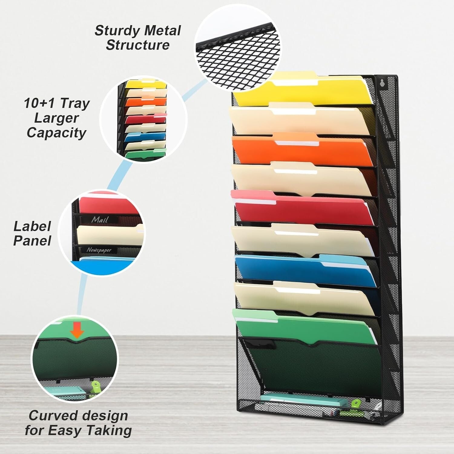 10-Tier Wall File Organizer: Sleek Metal Hanging Rack for Home Office Style