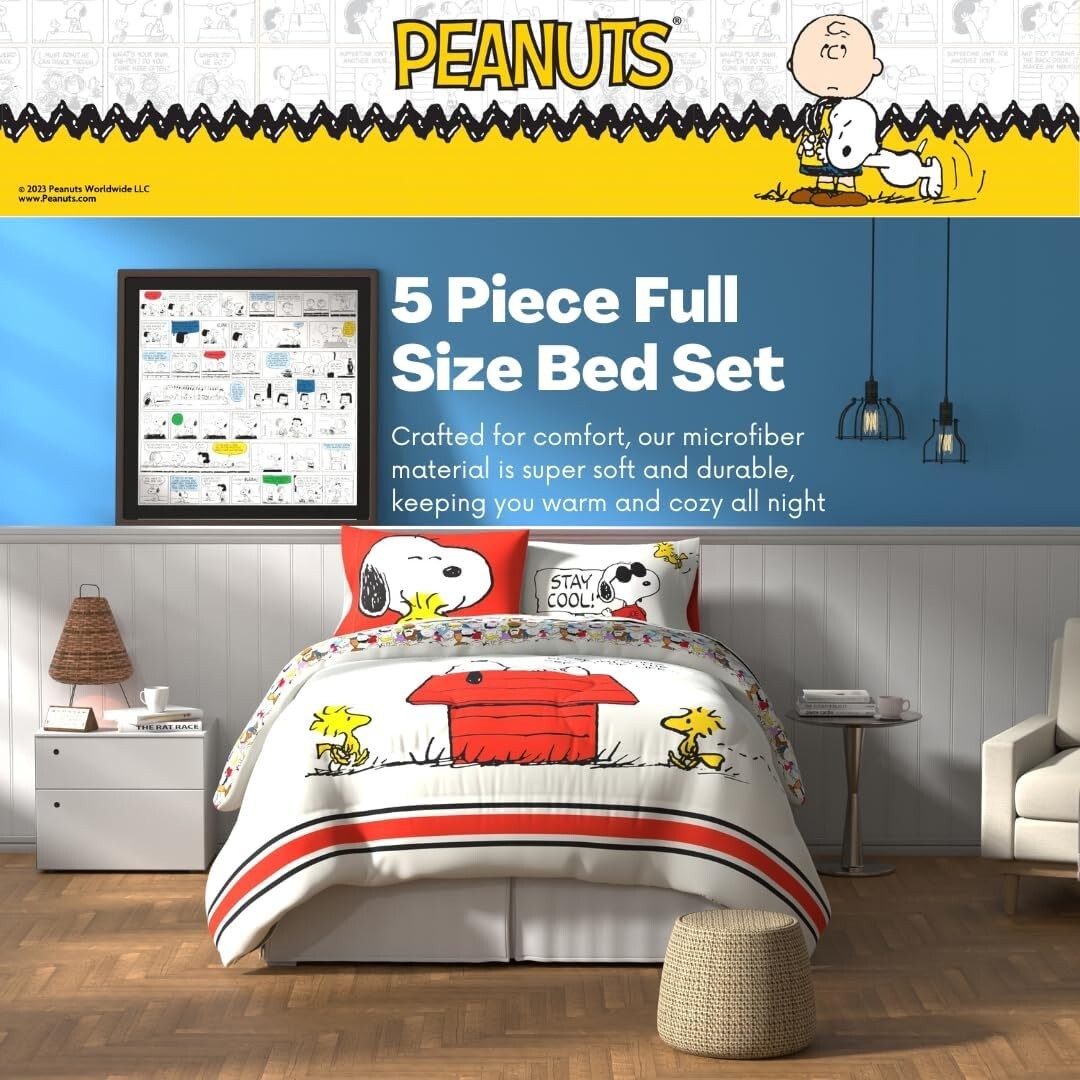 Cozy Peanuts 5-Piece Bedding Set: Charlie Brown, Snoopy & Woodstock - Full Size