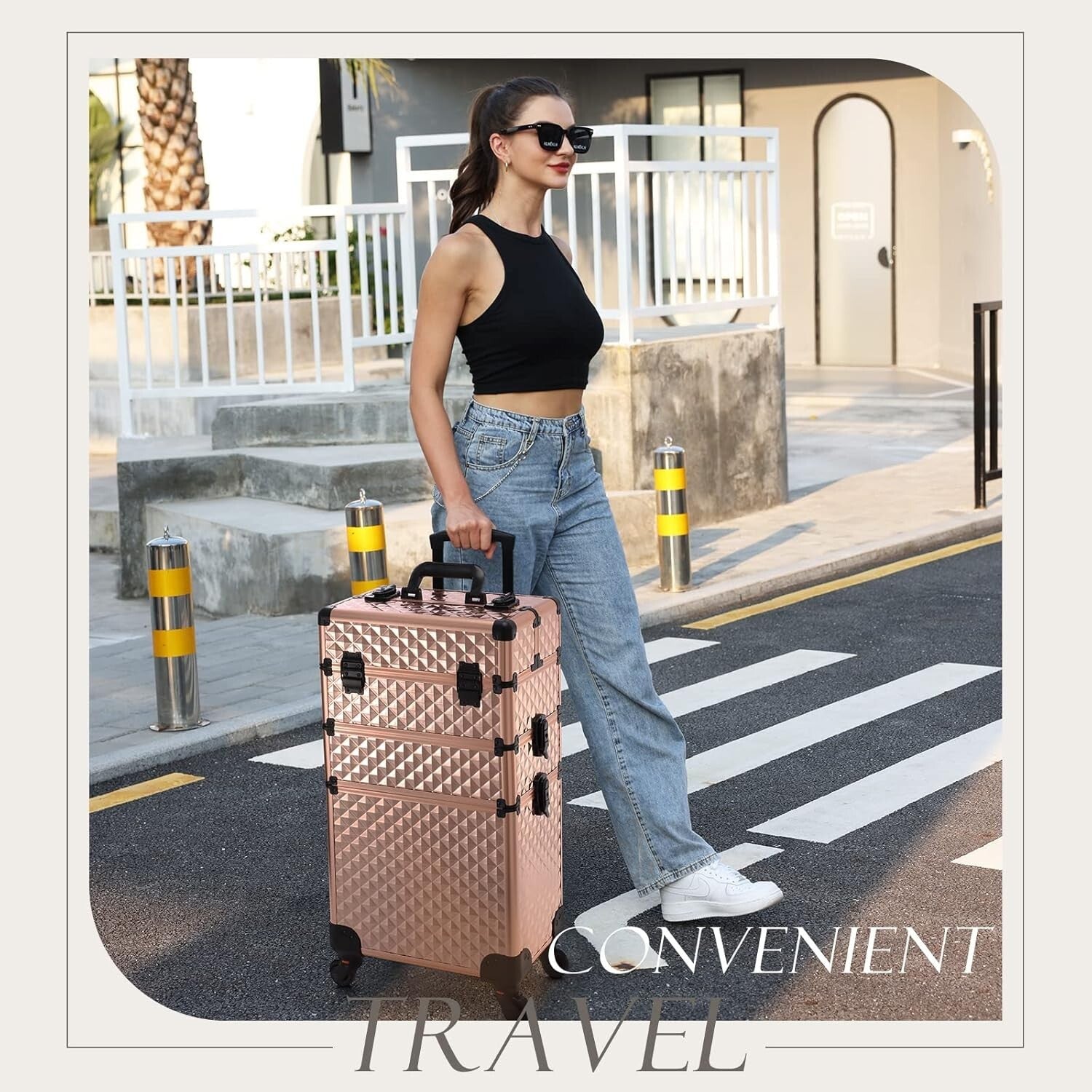 Diamond Pattern Cosmetic Rolling Case with Adjustable compartments & 4 Wheels