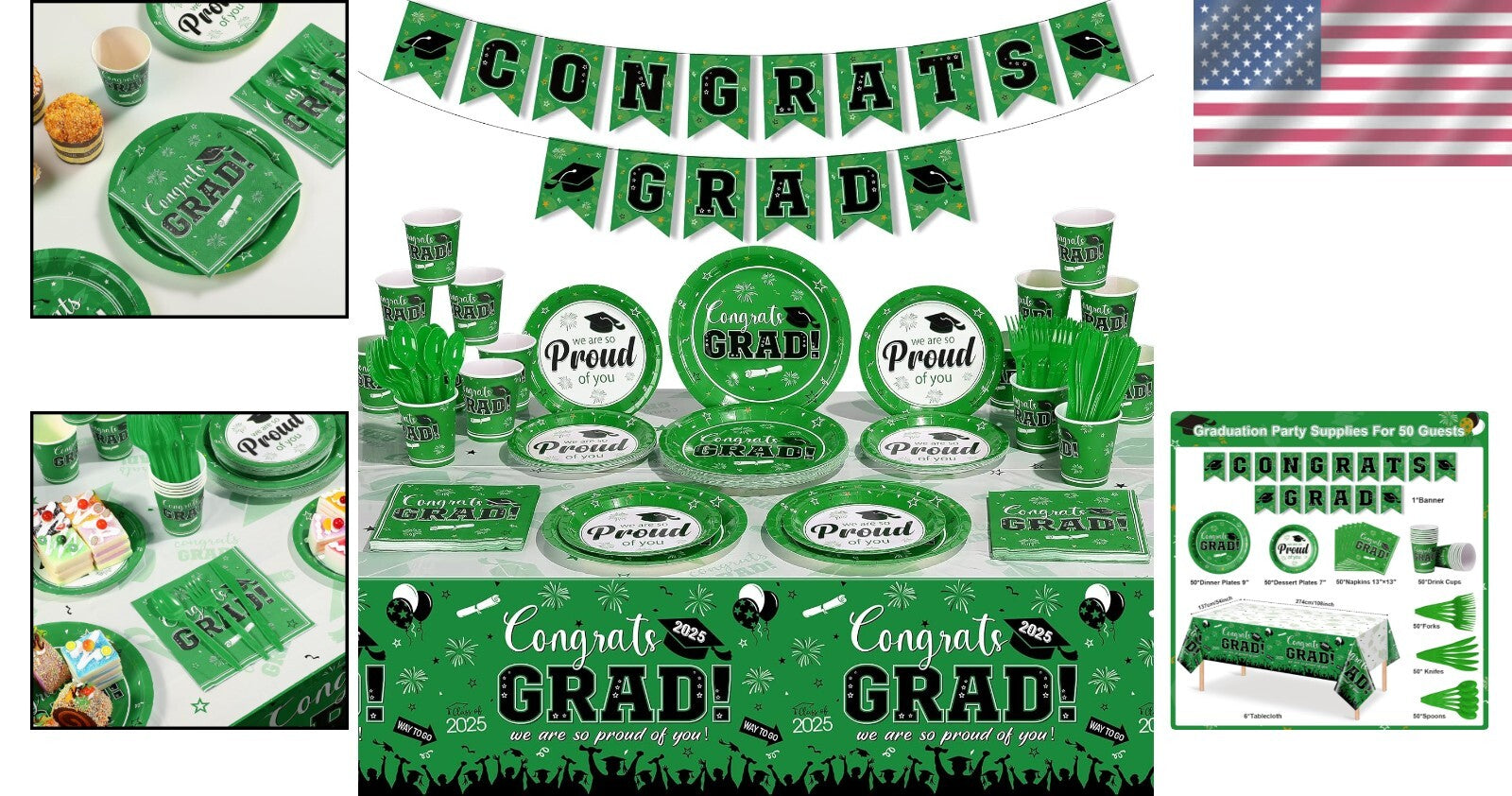 Class of 2025 Graduation Decorations - 357 Pcs Dinnerware, Banner & Tablecloth