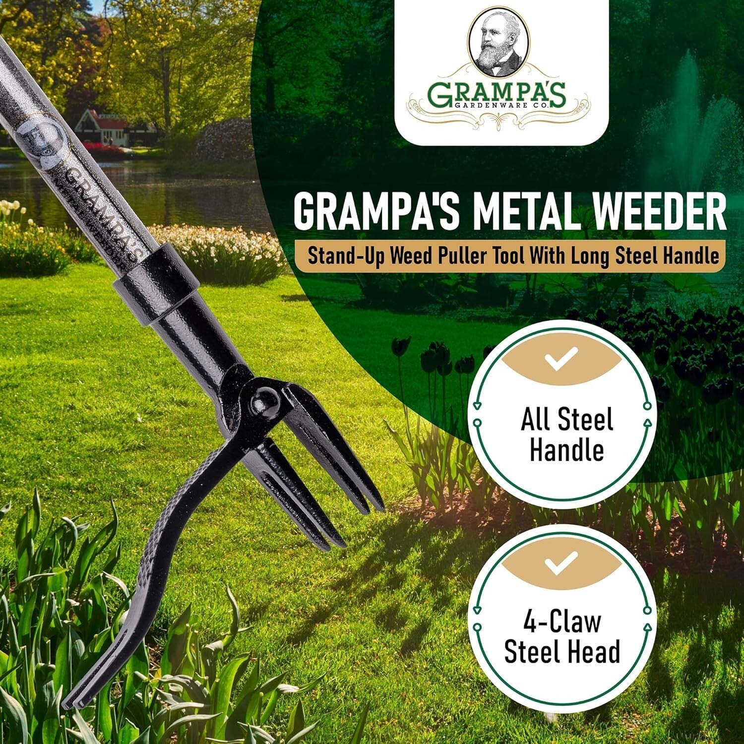 Durable Steel Long Handle Weeder - 4-Claw Design for Effortless Root Removal