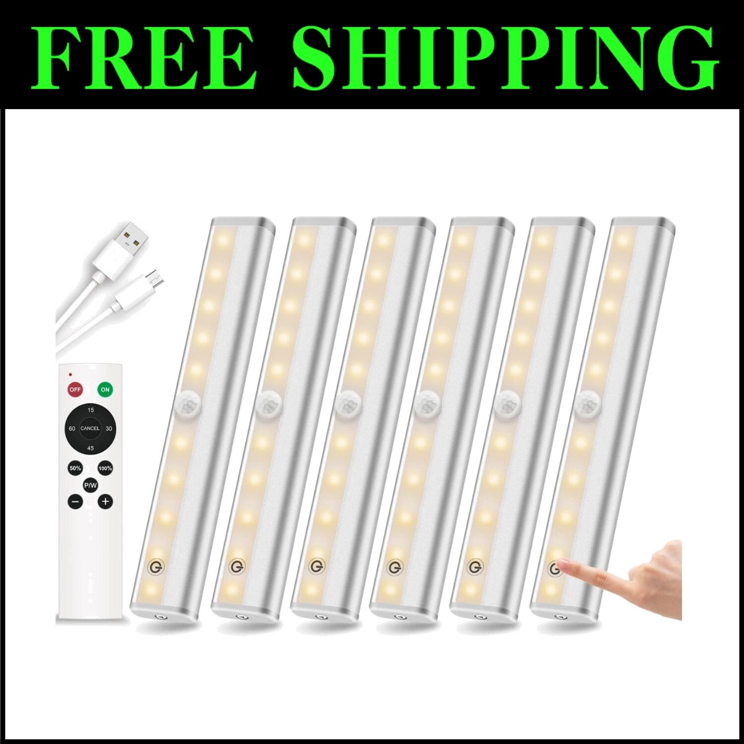 Rechargeable Under Counter Stick-On LED Lighting - 6 Pack with Timer Features
