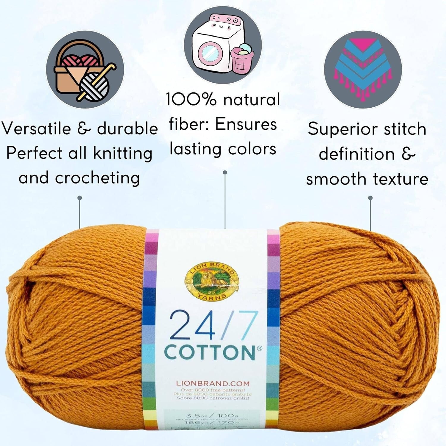 6 Skeins of 24/7 Cotton Amber Yarn with Project Bag for Knitting & Crocheting